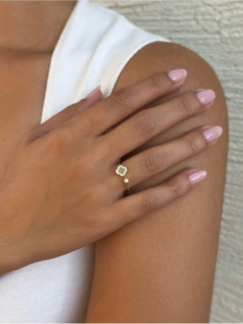 Gold Open Ring with Pale Green Floral Gem and Diamond Accent